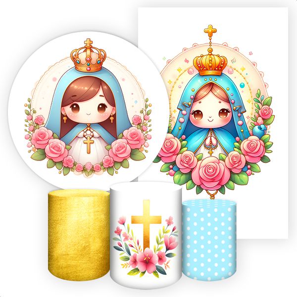 Kit 5 Peças Capa Redonda + Capa Retangular + Trio Capas Cilindros Sublimados Tema Religioso/Nossa Senhora cute 2069