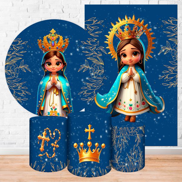 Kit 5 Peças Capa Redonda + Capa Retangular + Trio Capas Cilindros Sublimados Tema Religioso/Nossa Senhora cute 2070