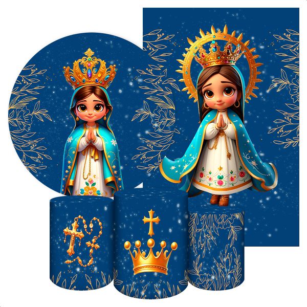 Kit 5 Peças Capa Redonda + Capa Retangular + Trio Capas Cilindros Sublimados Tema Religioso/Nossa Senhora cute 2070