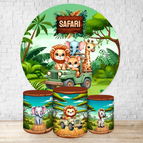 Capa Painel Redondo + Trio Capas Cilindros Sublimados Tema Safari 