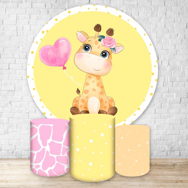 Capa Painel Redondo + Trio Capas Cilindros Sublimados Tema Safari / Infantil / Baby / Girafa / Menina / Rosa e Amarelo 2129