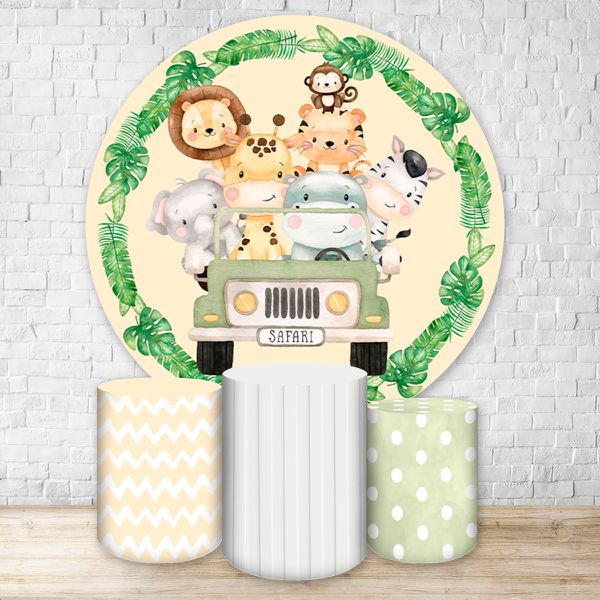Capa Painel Redondo + Trio Capas Cilindros Sublimados Tema Safari / Infantil / Baby / Folhagem / Verde e Nude / Animais 2131