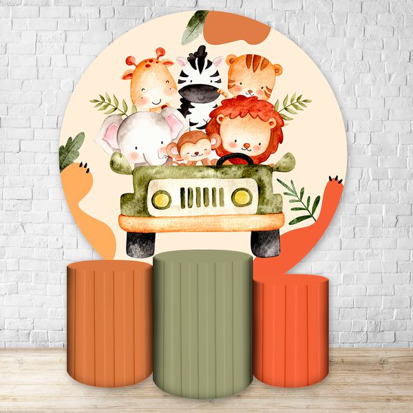 Capa Painel Redondo + Trio Capas Cilindros Sublimados Tema Safari / Infantil / Selva / Laranja / Animais / Tons Pasteis 2133