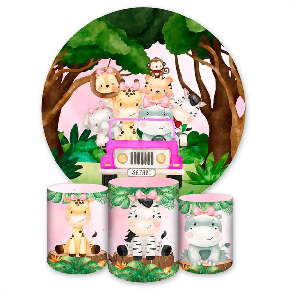 Capa Painel Redondo + Trio Capas Cilindros Sublimados Tema Safari / Infantil / Baby / Menina / Rosa e Verde / Floresta / Animais na Selva 2506