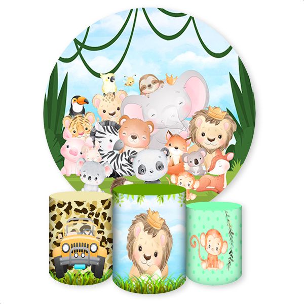 Capa Painel + Trio Capas Cilindros Sublimados Tema Safari / infantil / Bichinhos / Selva / Floresta / Menino / Verde 728