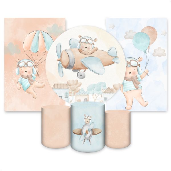 Kit Capa Painel Redondo + 2unid Capa Retangular + Trio Capas Cilindros Tema Ursinho 14