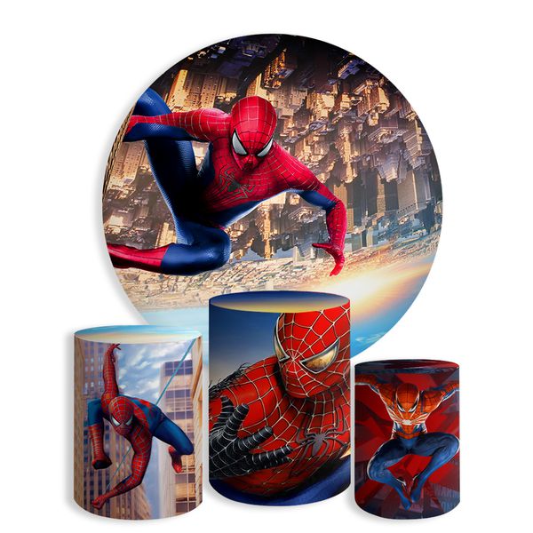 Kit Painel De Festa Homem Aranha Redondo + Trio De Cilindros Em Tecido