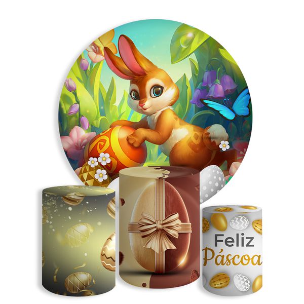 Kit Painel De Festa Pascoa Redondo + Trio De Cilindros Em Tecido