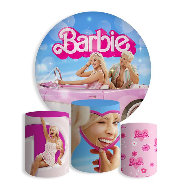 Kit Painel De Festa Barbie 3 Redondo + Trio De Cilindros Em Tecido