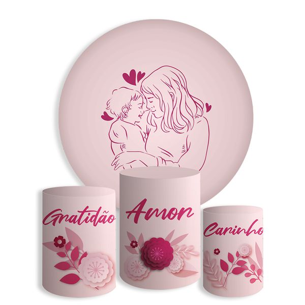 Kit Painel De Festa Dia Das Mães 5 Redondo + Trio De Cilindros Em Tecido