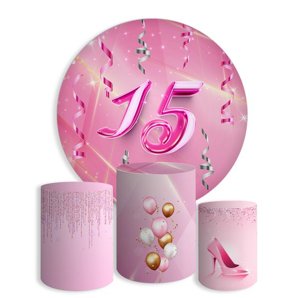 Kit Painel De Festa Aniversário 15 Anos Redondo + Trio De Cilindros Em Tecido