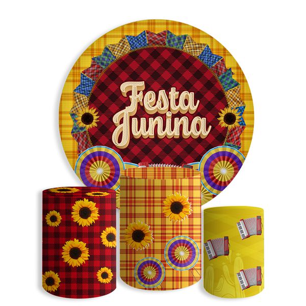 Kit Painel De Festa Junina 5 Redondo + Trio De Cilindros Em Tecido