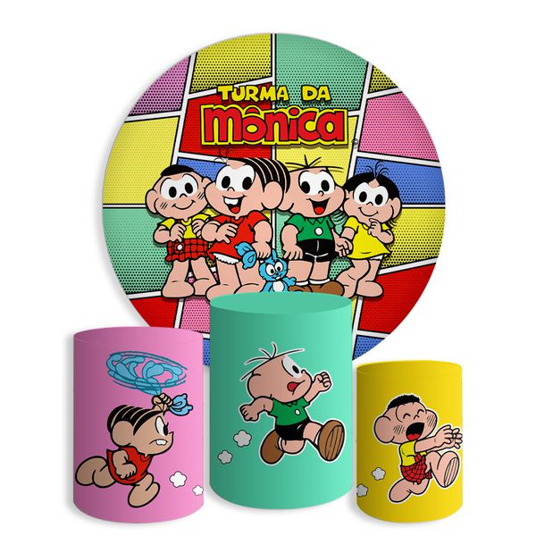 Kit Painel De Festa Turma Da Mônica 5 Redondo + Trio De Cilindros Em Tecido