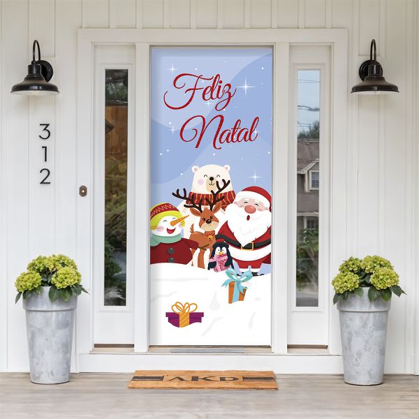 Capa De Porta Para Decoração Festa Papai Noel Neve Tecido Elástico 2.10x0.85m Painel de Porta 