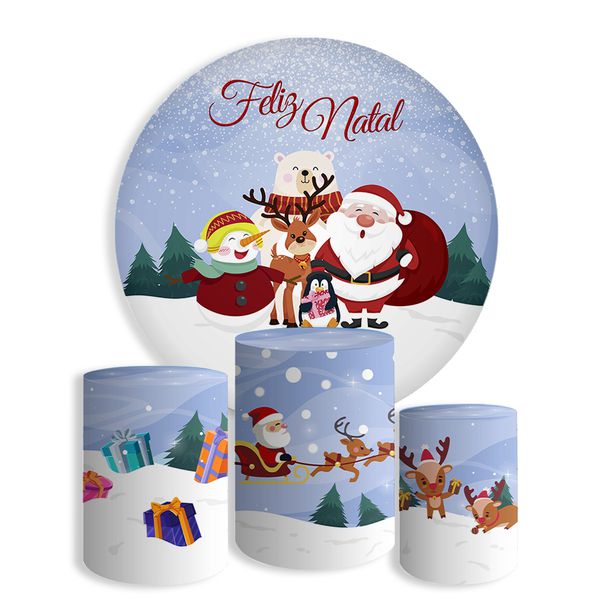Kit Painel Festa Feliz Natal 7 Redondo + Trio De Cilindros Em Tecido