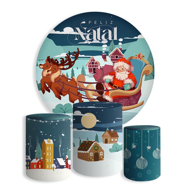 Kit Painel Festa Feliz Natal 8 Redondo + Trio De Cilindros Em Tecido