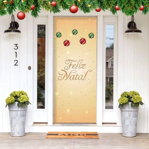 Capa De Porta Para Decoração Festa Feliz Natal Dourado Tecido Elástico 2.10x0.85m Painel de Porta 