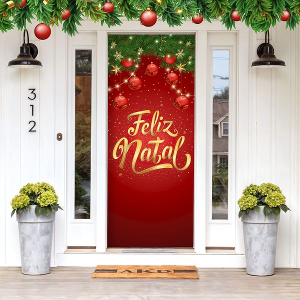 Capa De Porta Para Decoração Festa Feliz Natal Vermelho Tecido Elástico 2.10x0.85m Painel de Porta 