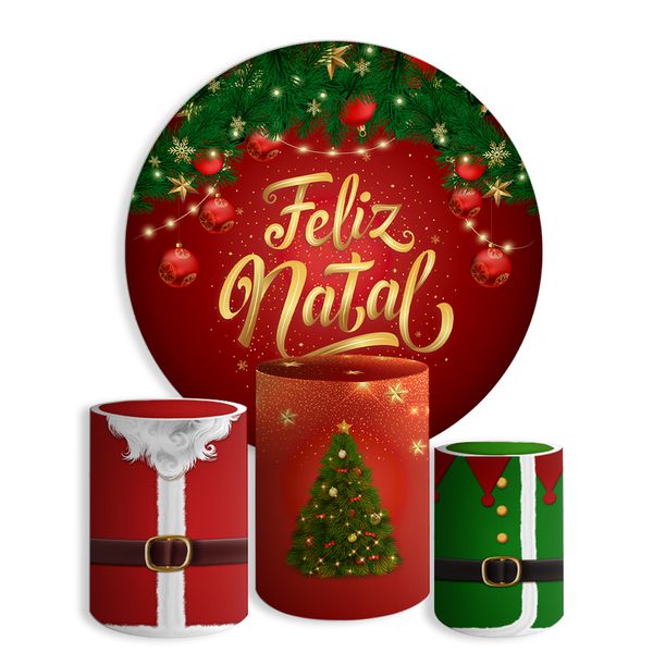Kit Painel De Festa Feliz Natal 5 Redondo + Trio De Cilindros Em Tecido