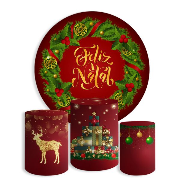 Kit Painel De Festa Feliz Natal 6 Redondo + Trio De Cilindros Em Tecido