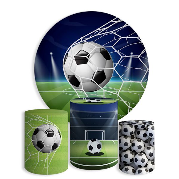Kit Painel De Festa Futebol Bola Gol Redondo + Trio De Cilindros Em Tecido