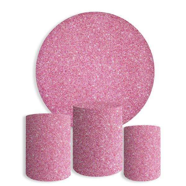 Kit Painel Festa Glitter Rosa Brilho 2 Redondo + Trio De Cilindros Em Tecido