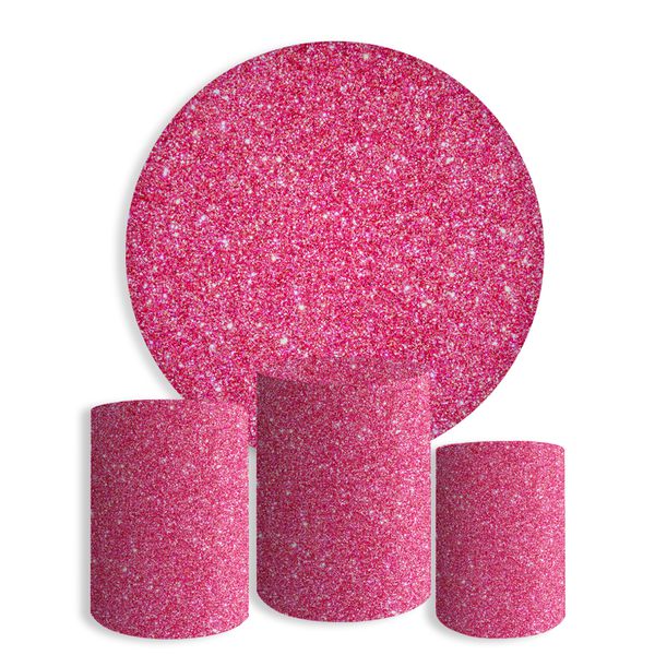 Kit Painel Festa Glitter Rosa Brilho 3 Redondo + Trio De Cilindros Em Tecido