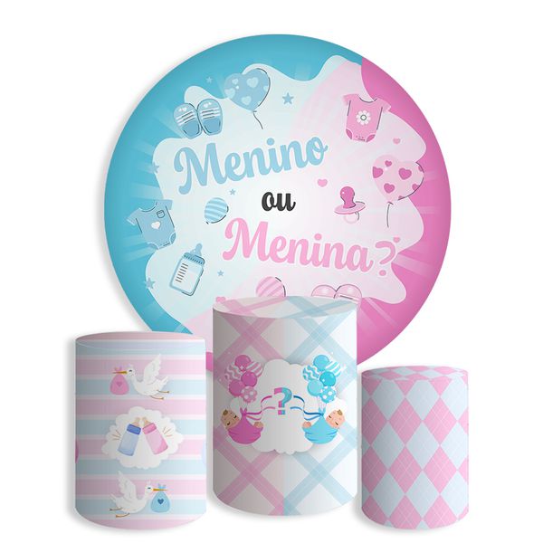 Kit Painel Festa Chá Revelação Menino Ou Menina Redondo + Trio De Cilindros Em Tecido