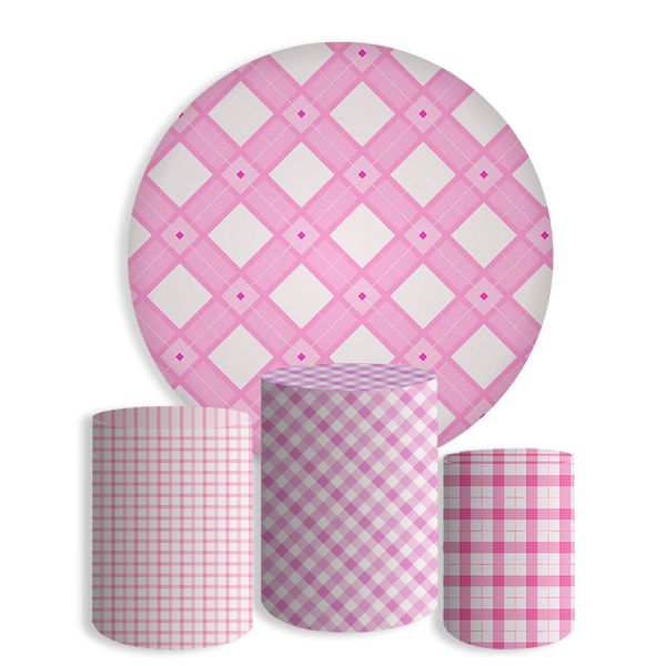 Kit Painel Festa Xadrez Rosa Piquenique Redondo + Trio De Cilindros Em Tecido