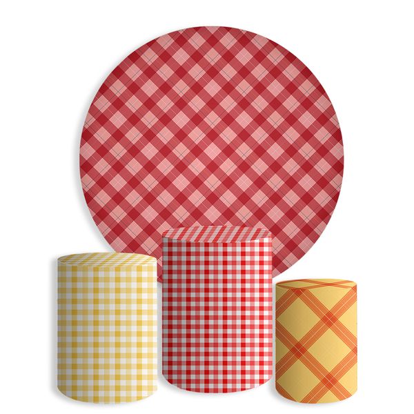 Kit Painel Festa Xadrez Vermelho Piquenique Redondo + Trio De Cilindros Em Tecido