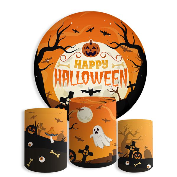 Kit Painel Festa Halloween 4 Fantasmas Redondo + Trio De Cilindros Em Tecido