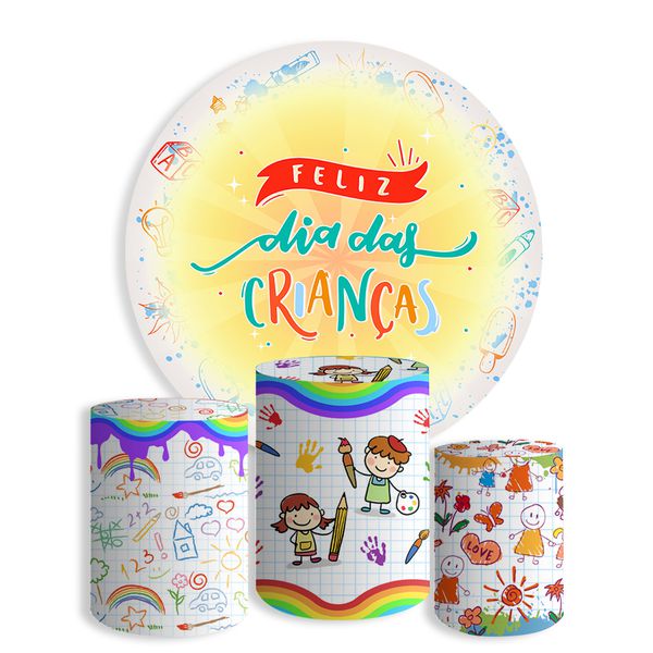 Kit Painel Festa Feliz Dia Das Crianças 2 Redondo + Trio De Cilindros Em Tecido