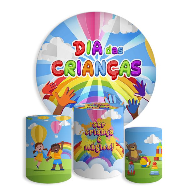 Kit Painel De Festa Feliz Dia Das Crianças 3 Redondo + Trio De Cilindros Em Tecido