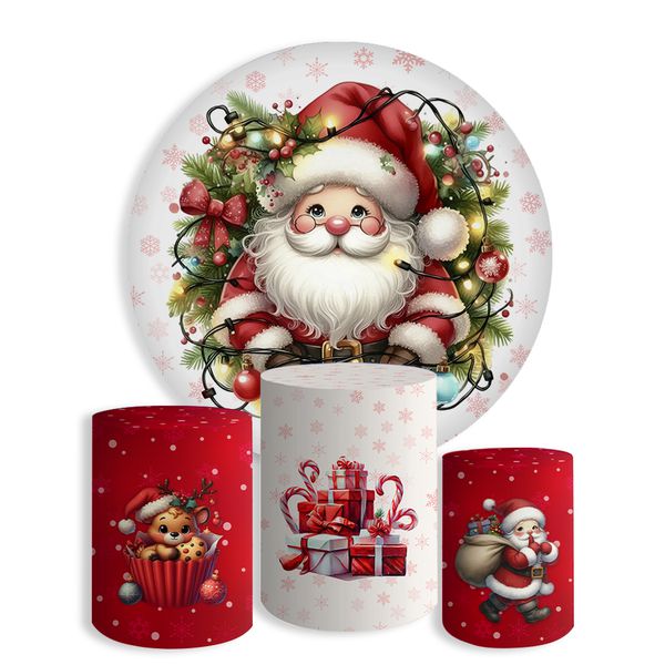 Kit Painel De Festa Papai Noel Natal Fofo Redondo + Trio De Cilindros Em Tecido
