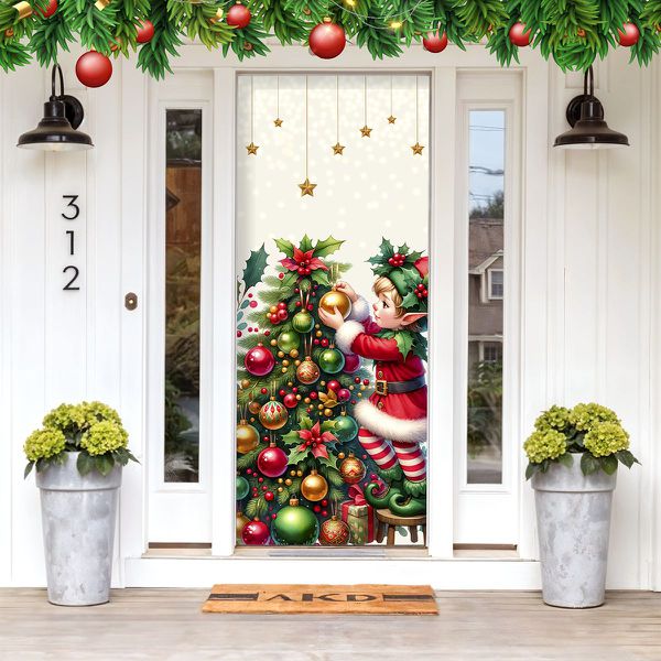 Capa De Porta Para Decoração Natal Duende Tecido Elástico 2.10x0.85m Painel de Porta Copia