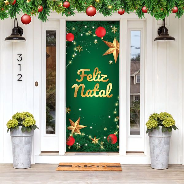 Capa De Porta Para Decoração Festa Feliz Natal Tecido Elástico 2.10x0.85m Painel de Porta