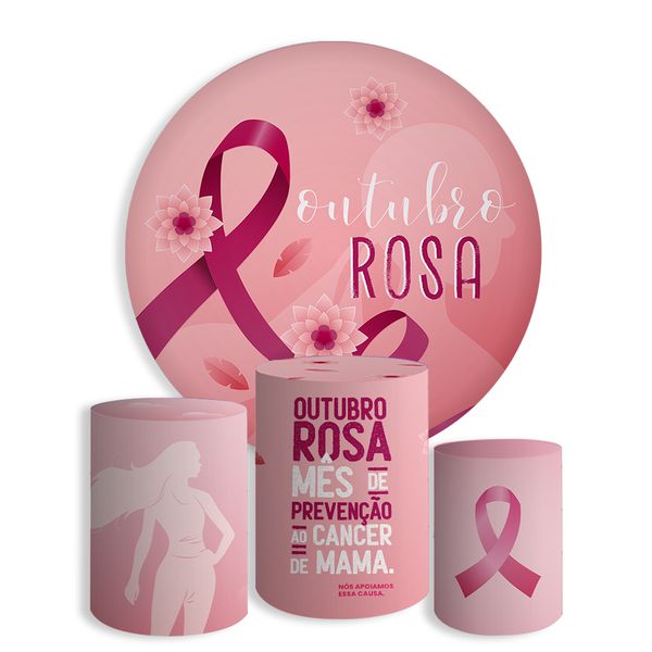 Kit Painel De Festa Outubro Rosa Redondo + Trio De Cilindros Em Tecido