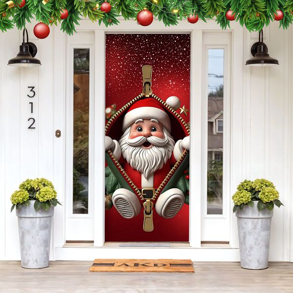 Capa De Porta Para Decoração Festa Feliz Natal Papai Noel Tecido Elástico 2.10x0.85m Painel de Porta