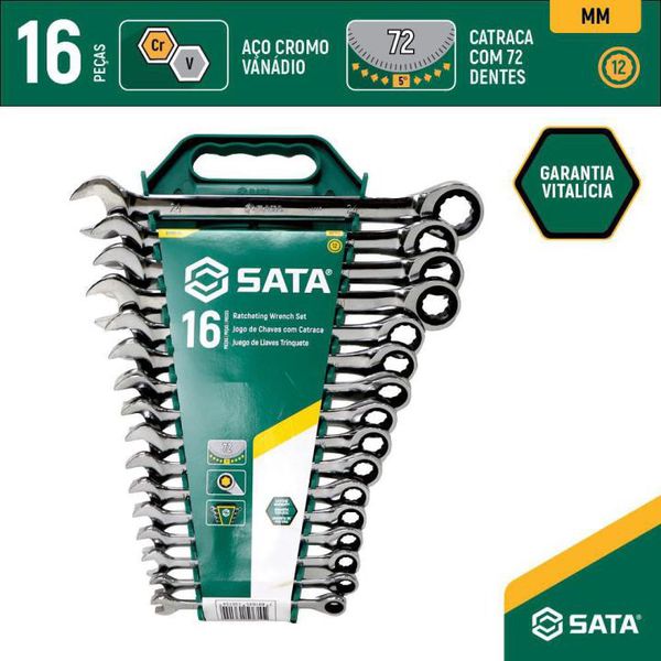 Jogo de Chave Combinada Catraca de 8-24mm com 16 Peças da Sata -ST08034L