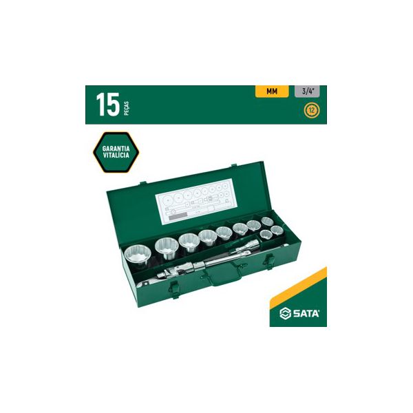 Jogo Soquetes Estriados 3/4" de 3/4" pol com 15 peças SATA - ST09015SJ
