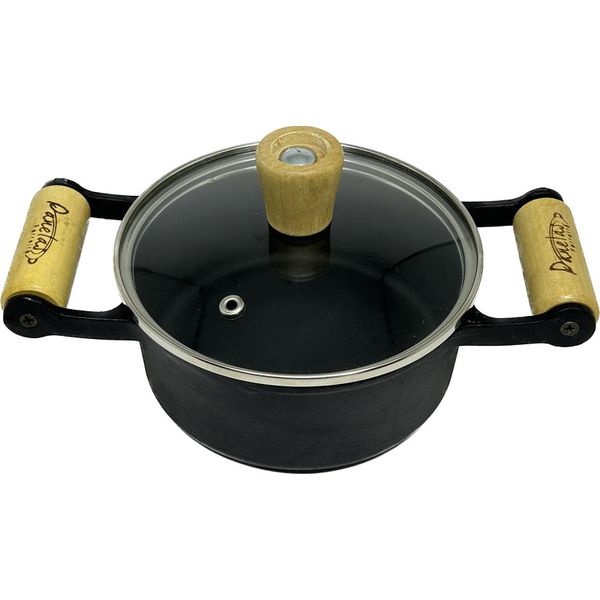 Panela de Ferro Fundido Alça de Madeira Tampa de Vidro 14 cm 