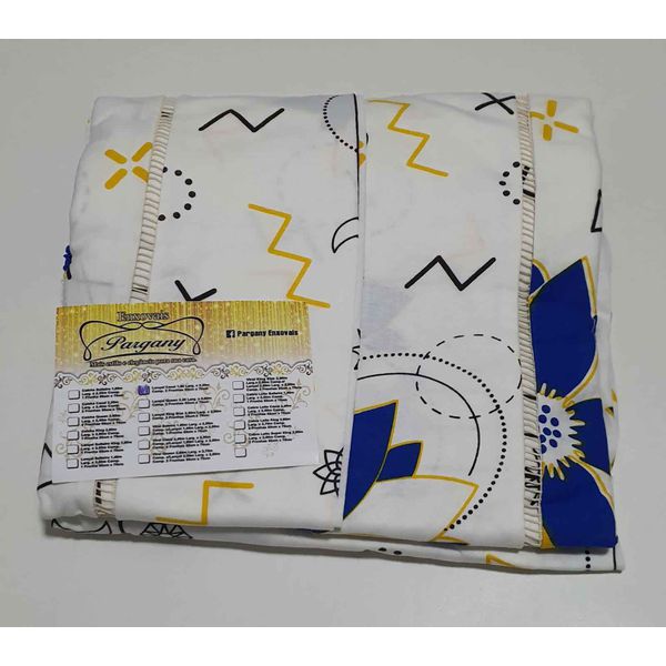 Lençol Malha Casal Padrão Estampado Geometrico Azul Amarelo com fundo marfim e 2 fronhas 