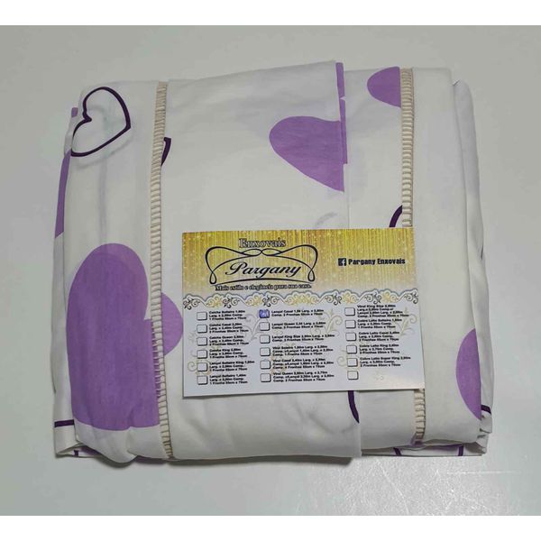 Lençol Malha Casal Padrão Estampado Coração Lilás Preto com fundo marfim