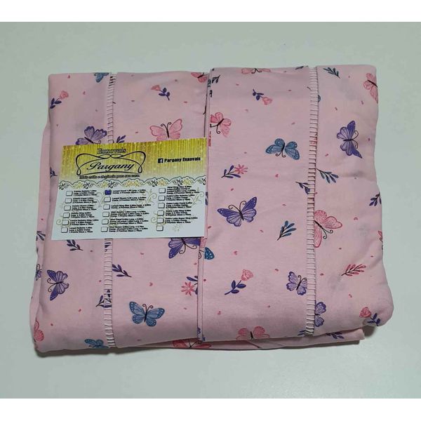 Lençol Malha Casal Padrão Estampado Borboletas colorido com fundo rosa