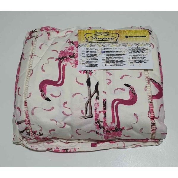 Lençol Malha Queen Estampado Flamingo com fundo marfim e 2 fronhas