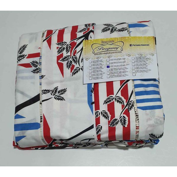 Lençol Malha Super King Estampado Listras Azul Vermelho e galhos fundo Marfim com 2 fronhas 
