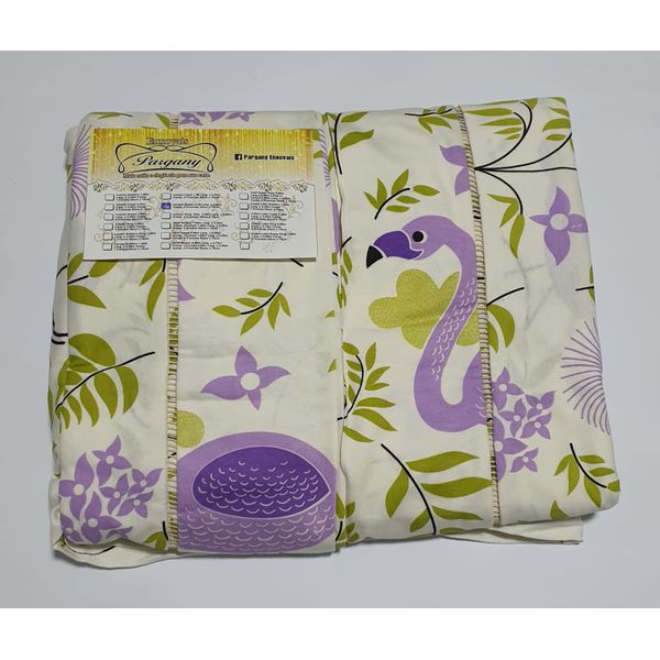 Lençol Malha Queen Estampado Cisne Lilas Verde com fundo Marfim elástico com 2 Fronhas 