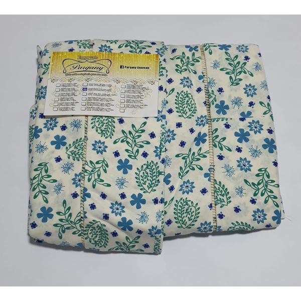 Lençol Malha Queen Estampado Florzinhas com galhos Azul com fundo Marfim elástico com 2 Fronhas 