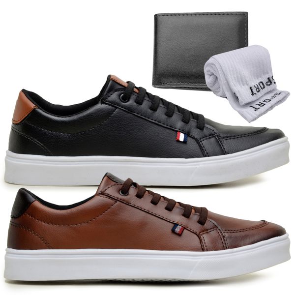 Kit 2 Tênis Slip Casual Masculino Leve e Confortável Parra Boots + Carteira + Meia - Havana - Preto/Branco