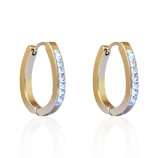 Brinco Argola Oval com Zircônias Aço Inoxidável Dourado